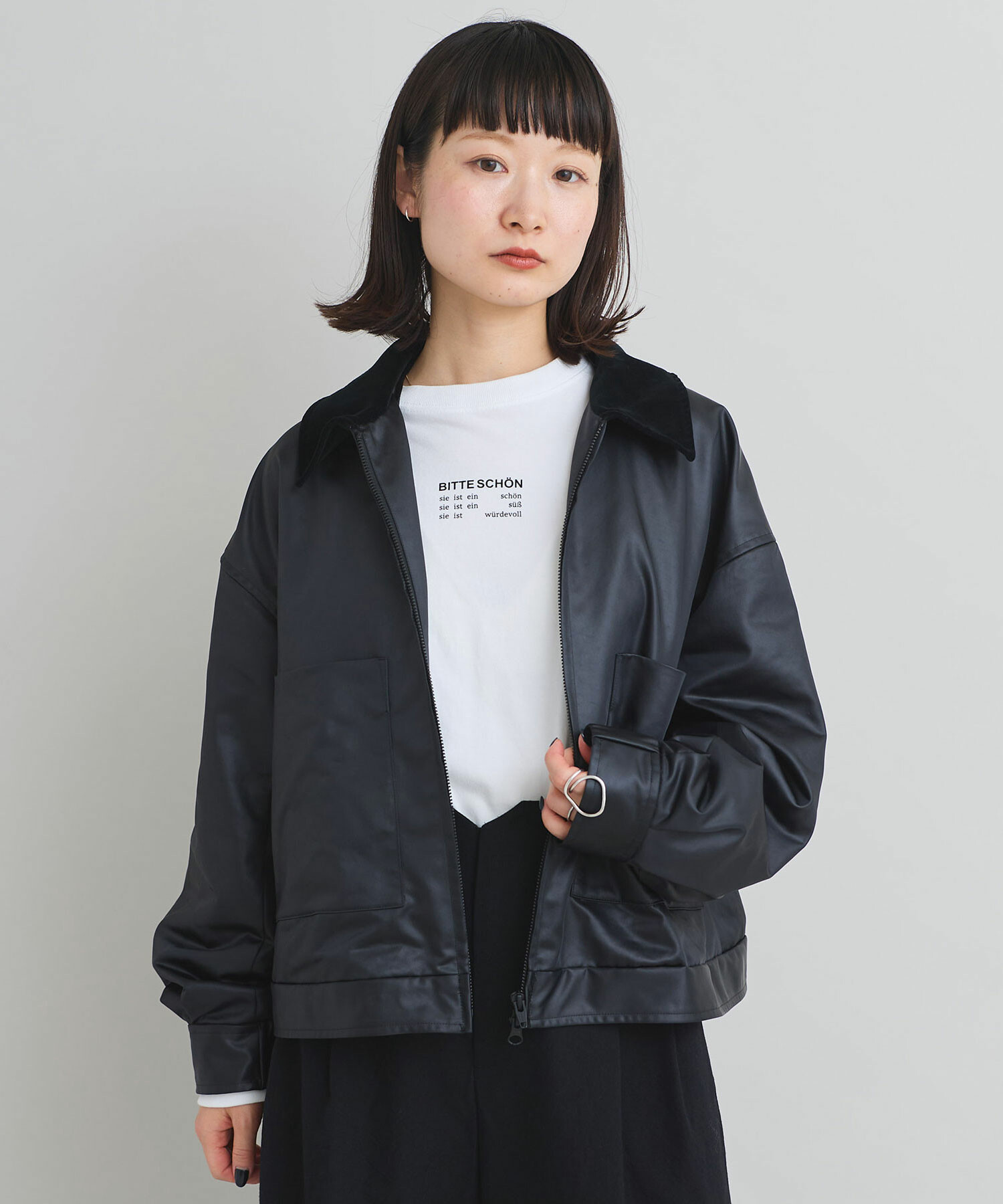 AMBIDEX Store フェイクレザージップ ブルゾン(F クロ): iki