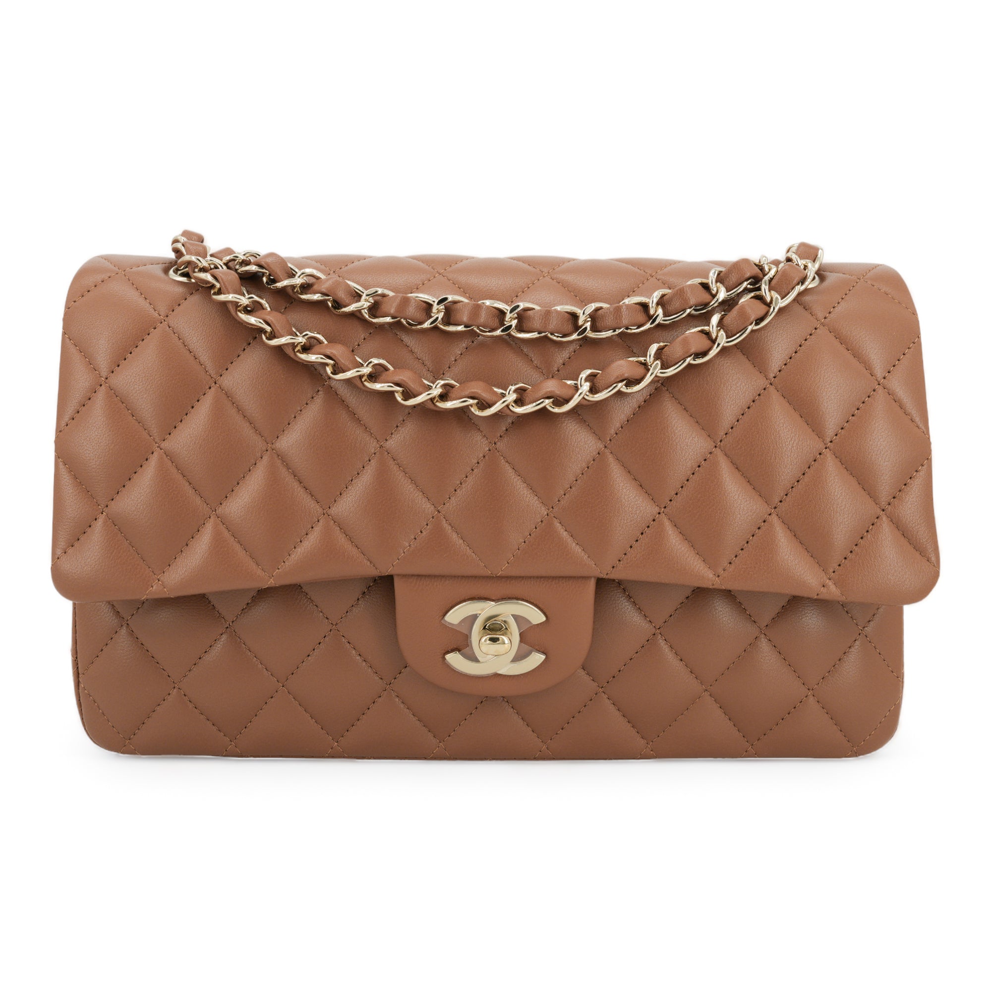 CHANEL 23P Camel Brown Lambskin Medium Classic Double Flap Bag