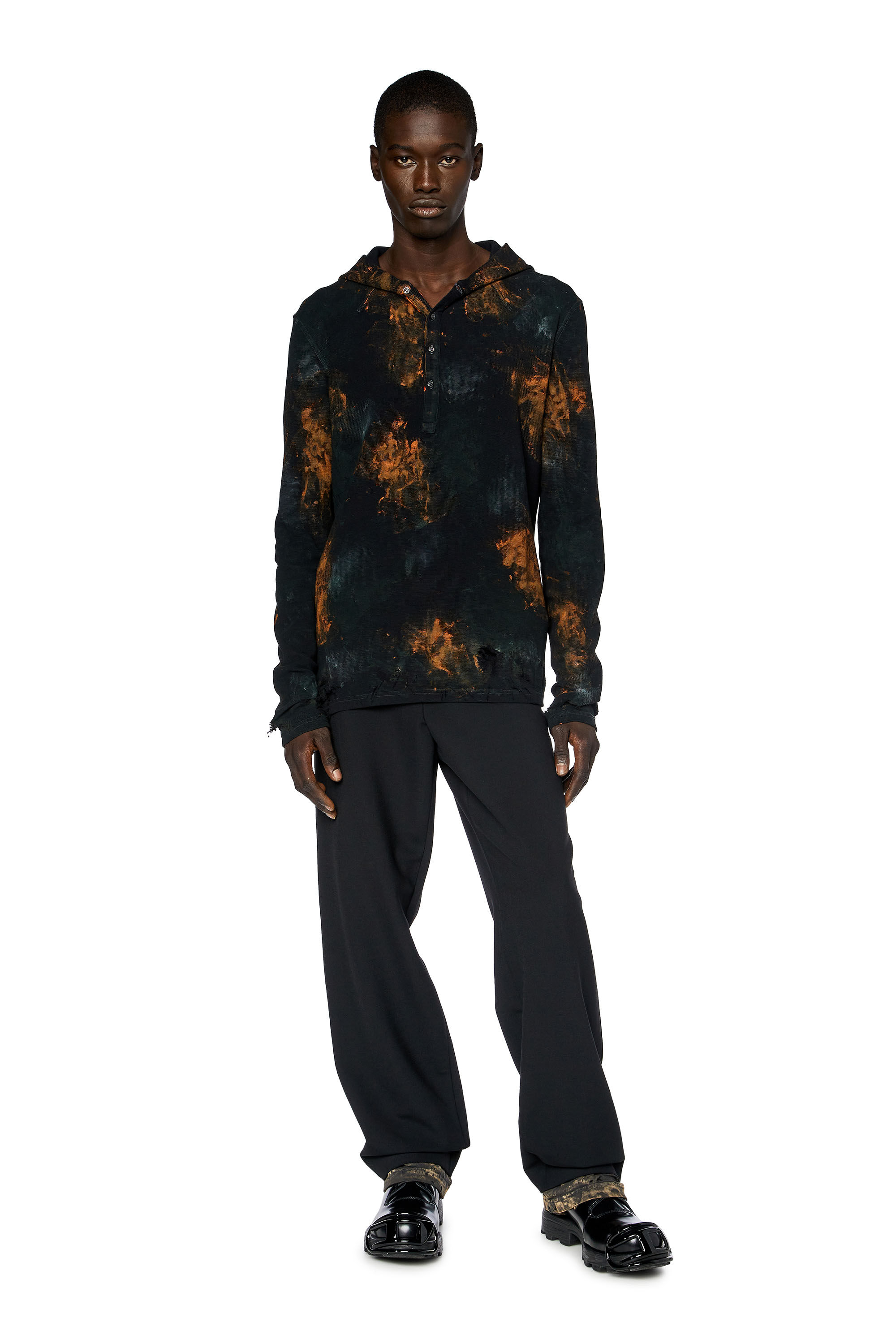 Men's Distressed hooded Henley top in waffle knit | Multicolor