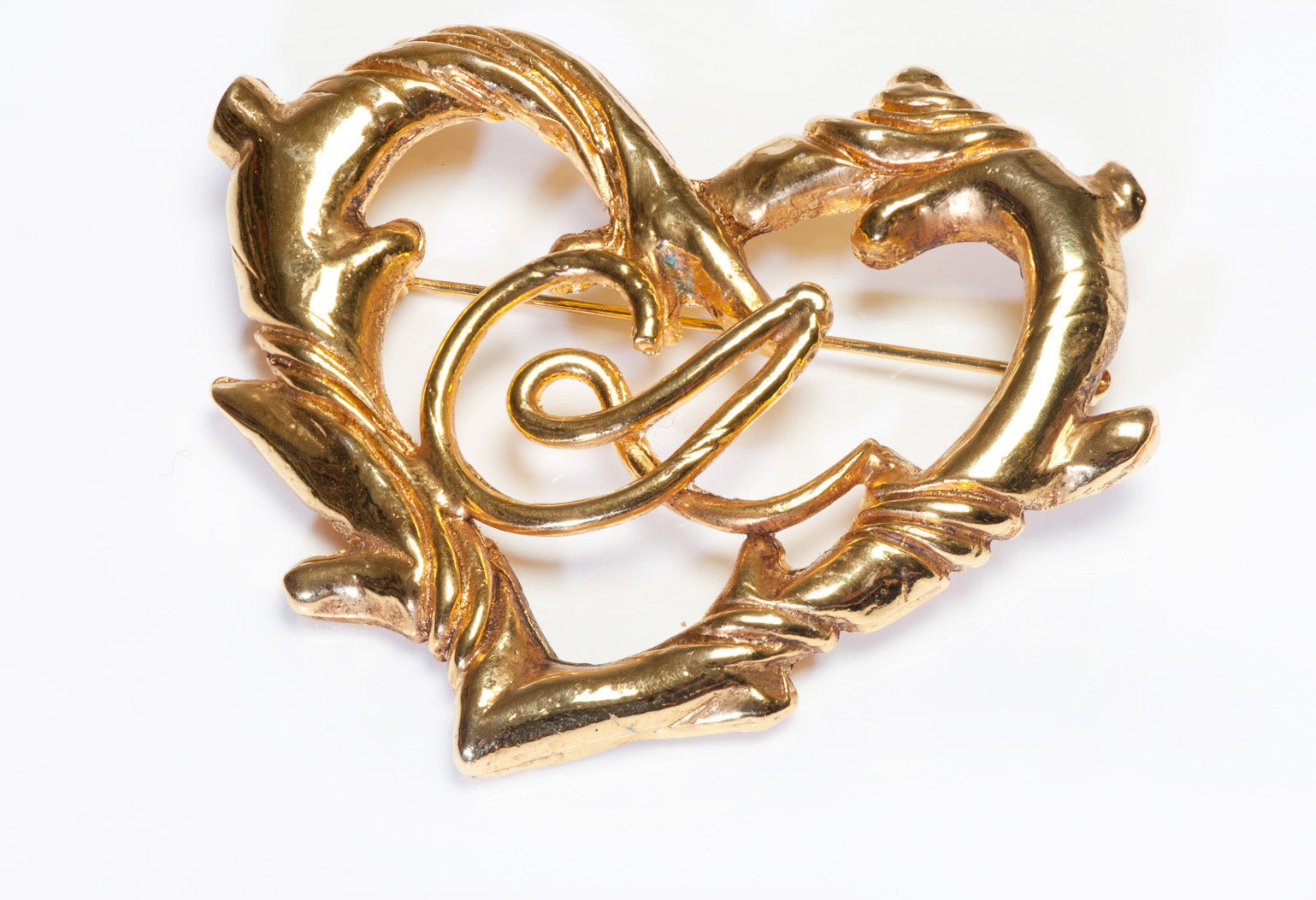 Vintage Christian Lacroix Paris Large Gold Plated Logo Heart Brooch