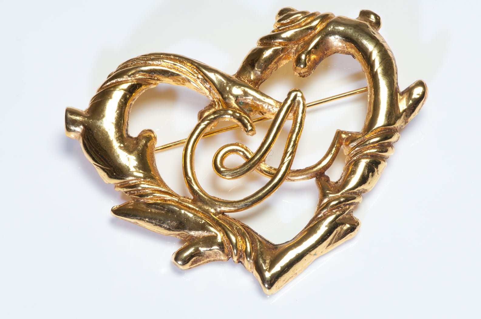 Vintage Christian Lacroix Paris Large Gold Plated Logo Heart Brooch