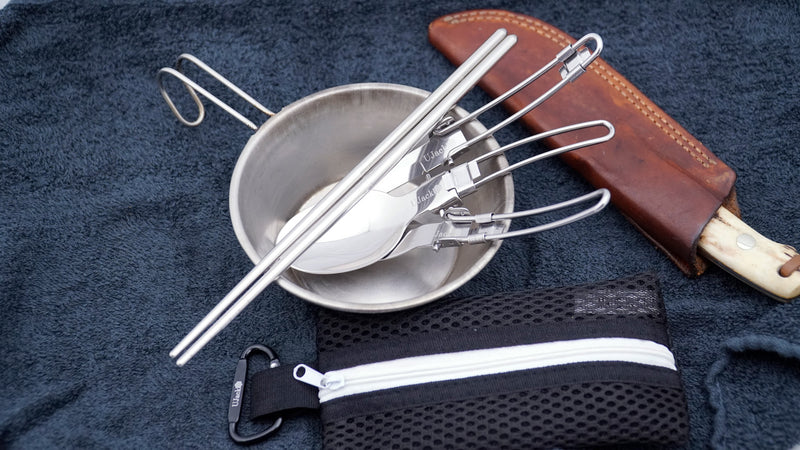 折りたたみステンレスカトラリーセット(メッシュケース/カラビナ付き