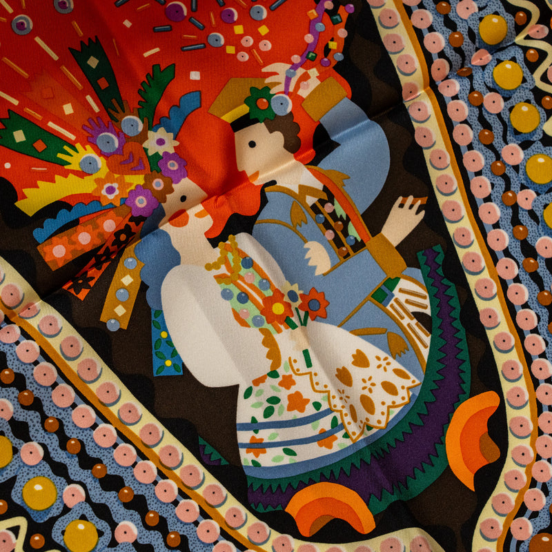 Hermes 90*90cm Silk Scarf Costume De Fete Td/Vermillon/Blue Azu