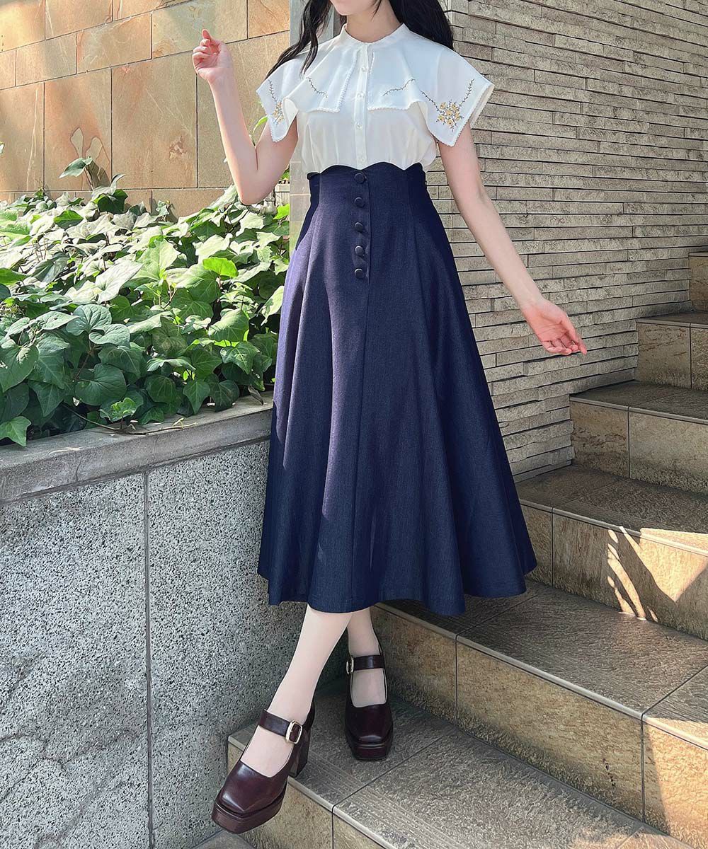 ハイウエストスカラップデニムライクフレアースカート/an another