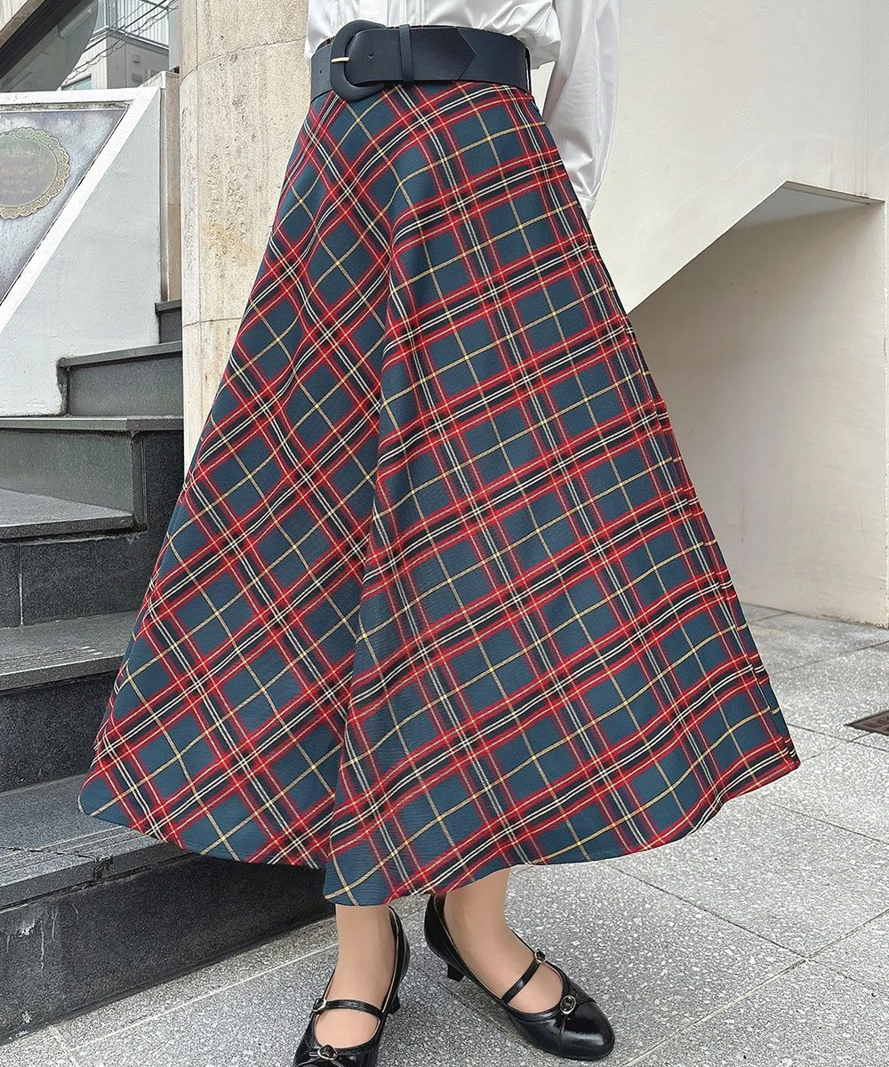 太ベルト付きチェックフレアースカート/an another angelus