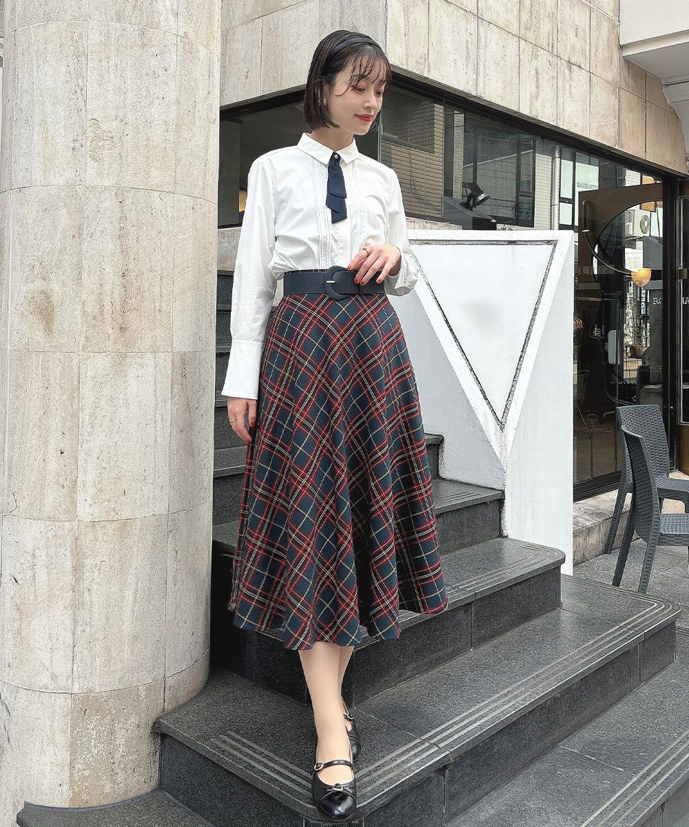 太ベルト付きチェックフレアースカート/an another angelus