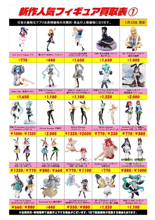 新作プライズフィギュア買取表更新しました！ 1/12～ | 千葉鑑定団船橋店