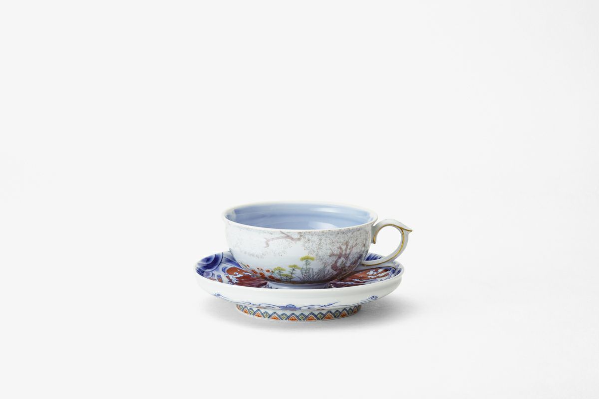 有田焼 染錦 深川製磁 富士山 カップ＆ソーサー 高台 碗皿 共箱 2489