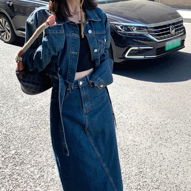 デニムセットアップ 裾フリンジロングスカートセット スカート