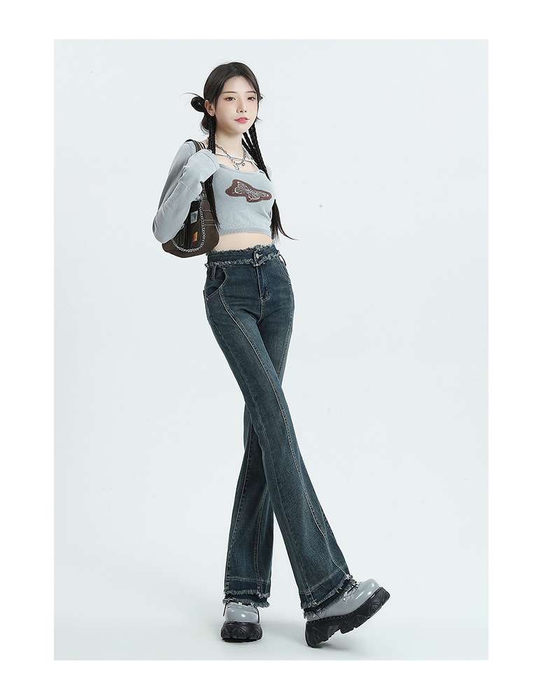 Y2Kファッション ダメージ加工フレアデニムパンツ デニムパンツ|Y2K