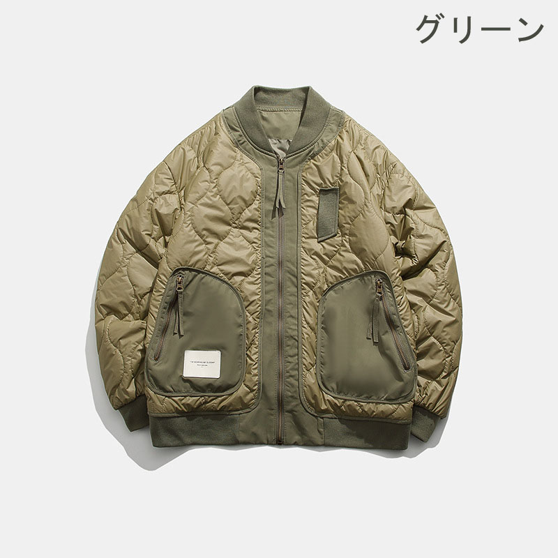 キルティング中綿スタジャン 男女兼用 秋冬 カーキグリーン 緑