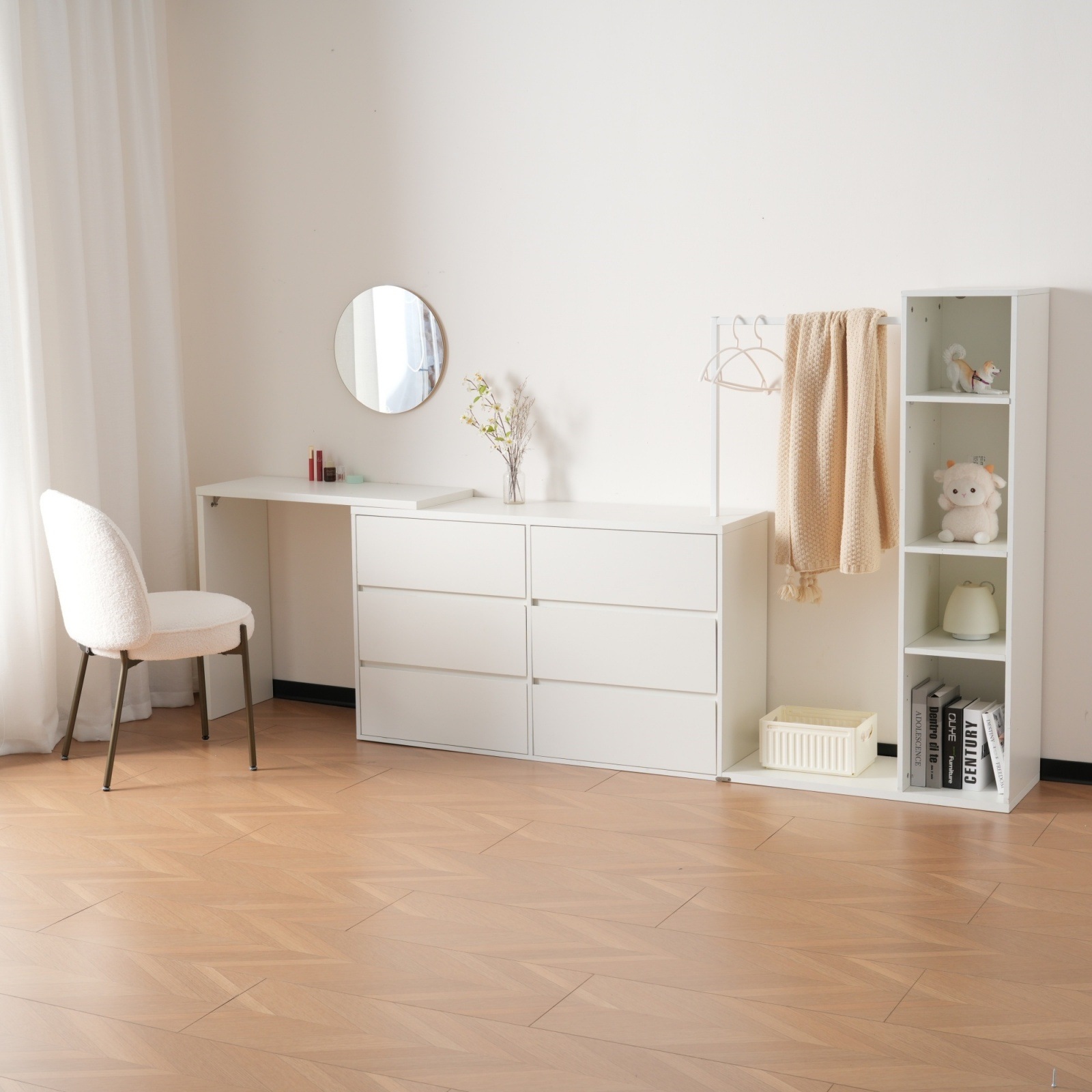 3段キャビネット+幅調整デスク+ ハンガーラック+ラック 化粧台 木製