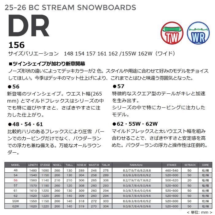 25-26 BC STREAM DR 156 ツイン ダブルロッカー カービング フリー