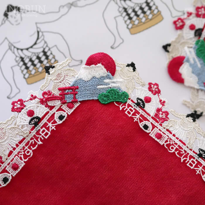 入荷待ち】近沢レース店 どすこい日本 レッド 和レース タオルハンカチ