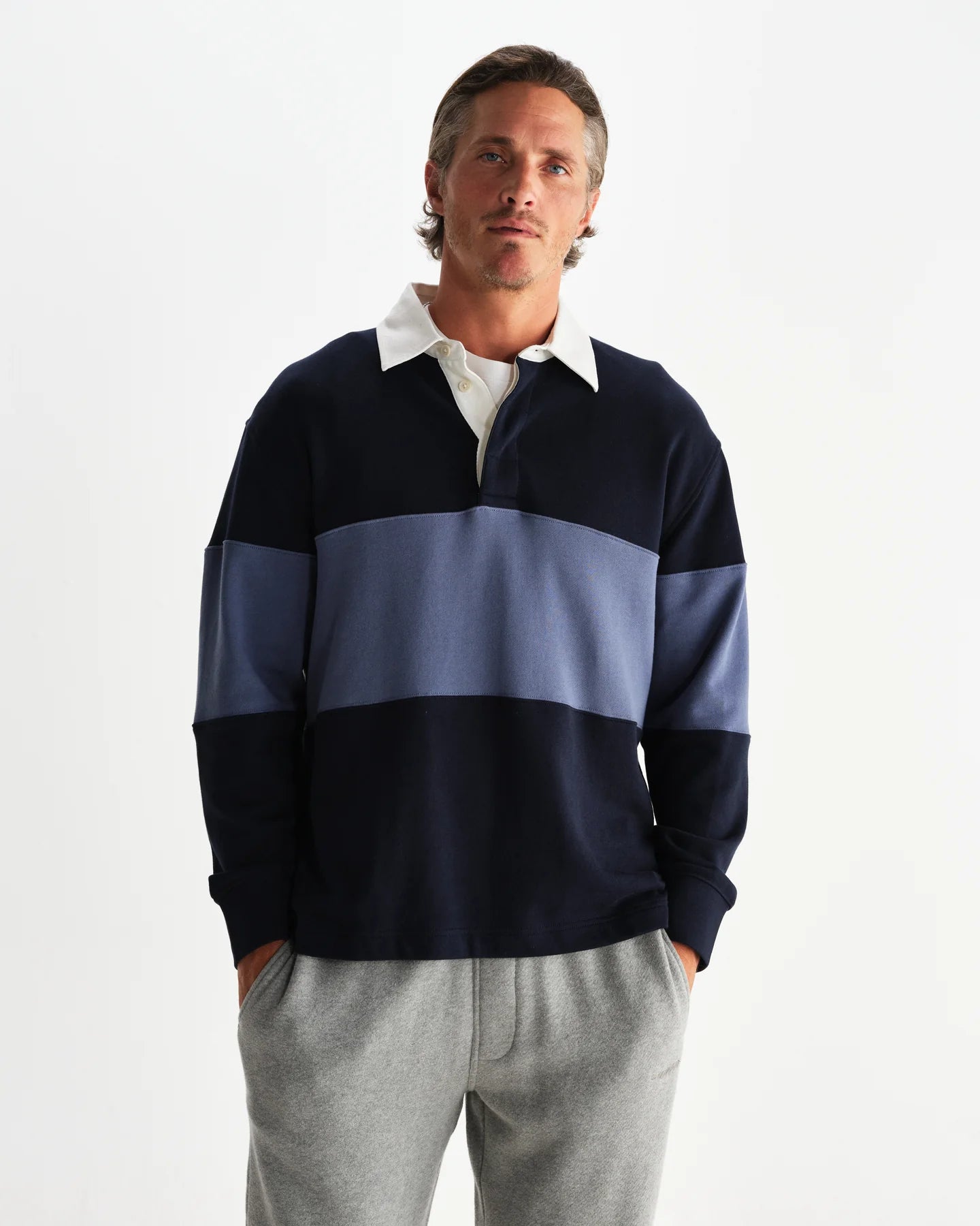 ラガーシャツ PANELLED LOOPBACK (NAVY/BLUE)【ワックスロンドン日本