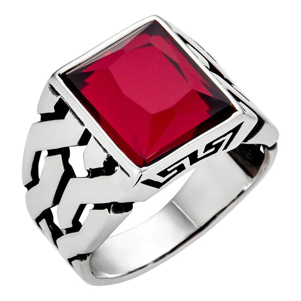 Mens Real Solid 925 Sterling Silver Red Ruby Gem Stone Ring Sz 7
