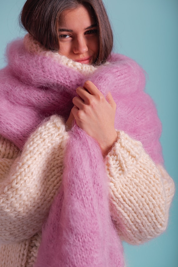 Pink Mohair Scarf, Fluffy Scarf, Oversized Muffler, Long Women