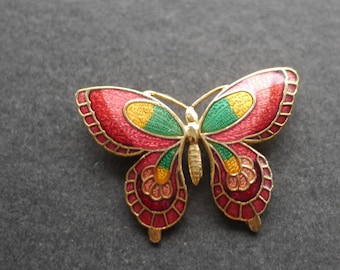アンティーク中国製七宝焼き蝶のブローチ、フィリグリーエナメル