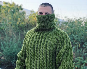 ニットリブウールセーター、オーバーサイズタートルネックセーター