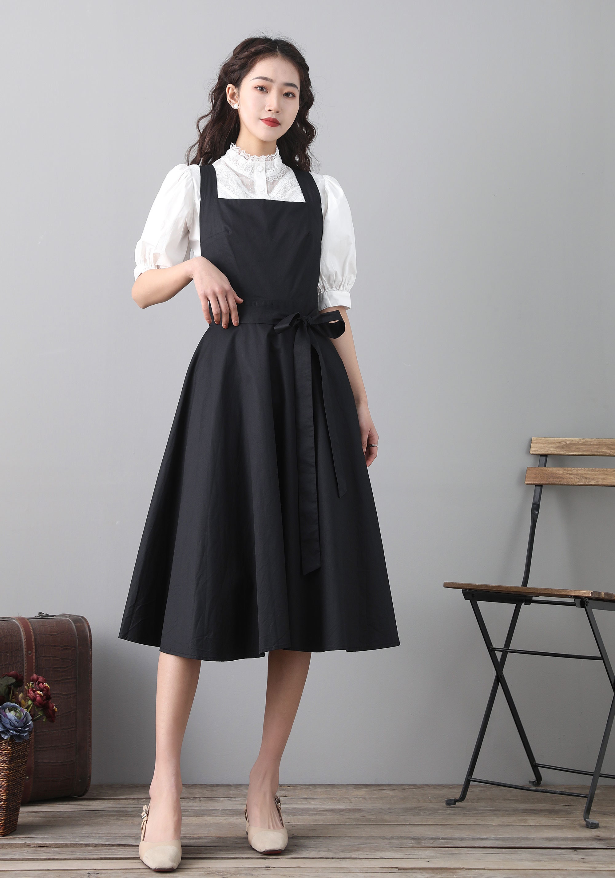 Black Pinafore Dress, Suspender Dress, Midi Dress for Women, Fit
