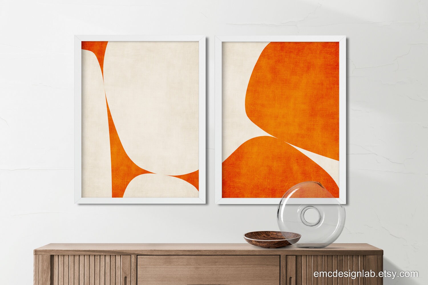 Deep Orange off White Organic Shapes Abstract Art Print Set of 2