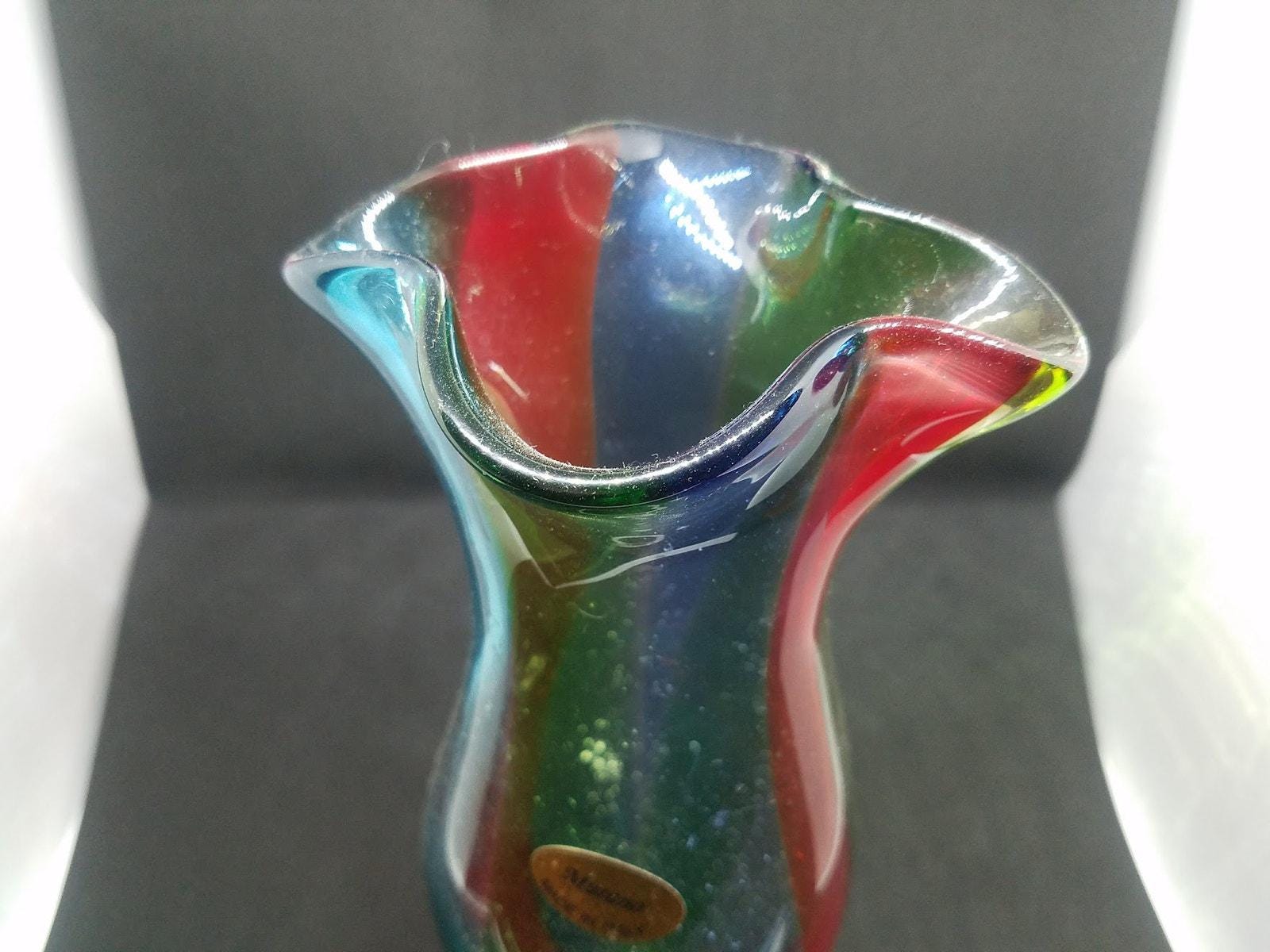 未使用 イタリア ムラーノ MURANO 青と透明のガラス花瓶 tr 未使用