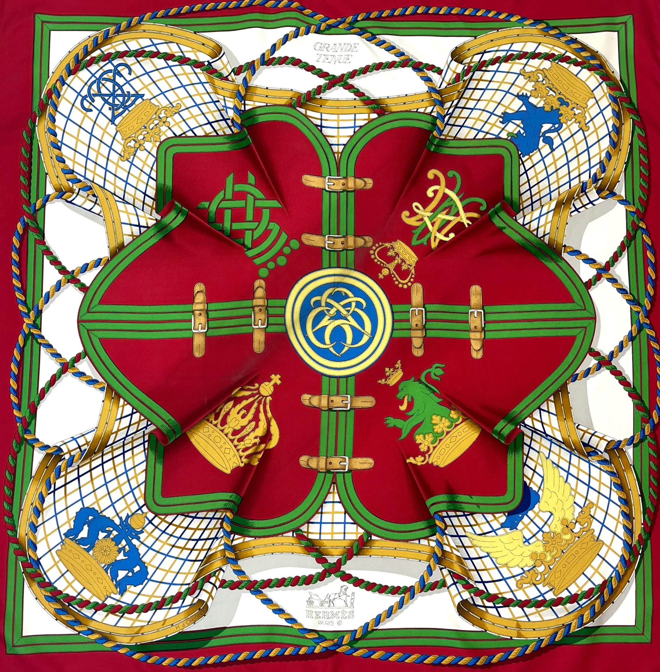 Vintage Hermes Paris Grande Tenue Henri D'origny Red Green Emblem