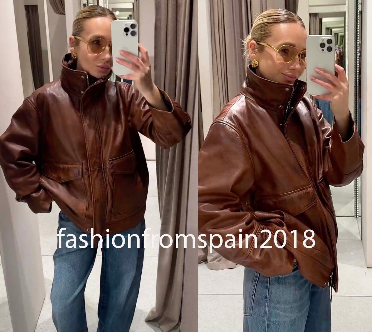 ZARA NEW WOMAN ZW LIMITED EDITION 100% LEATHER BOMBER JACKET BROWN