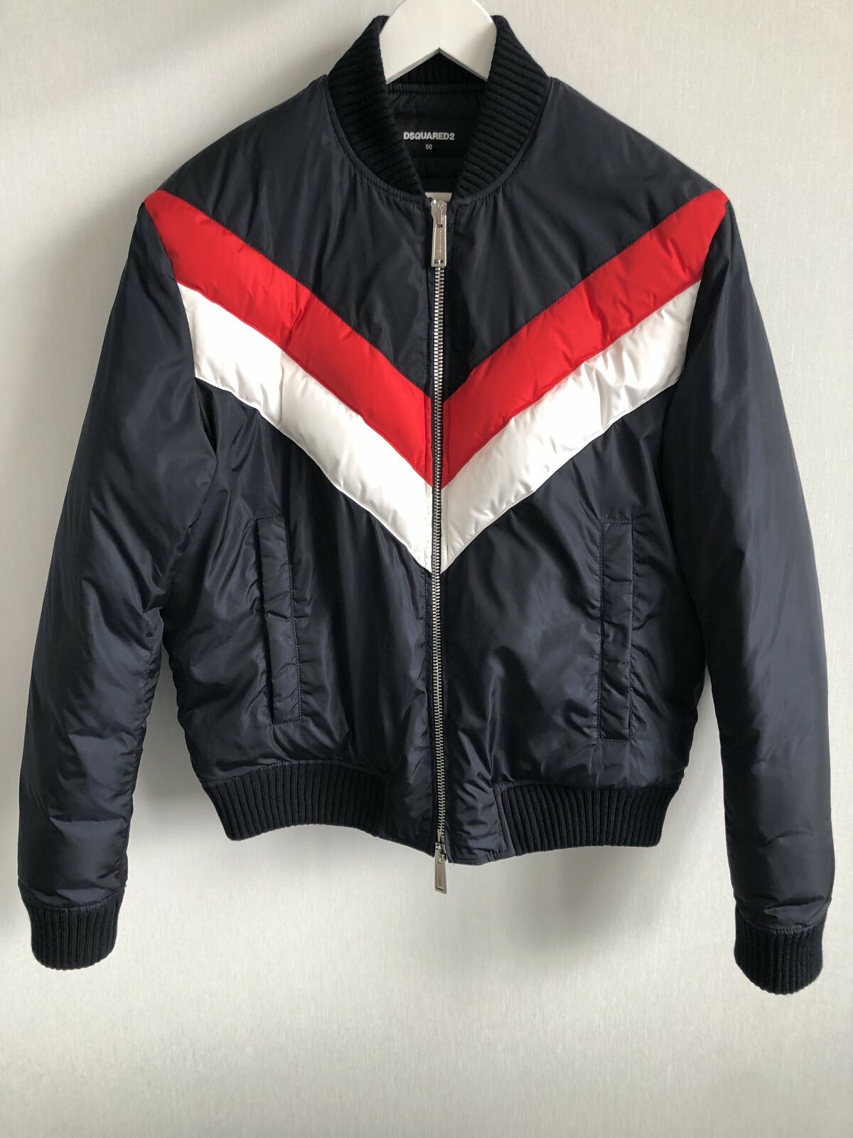 Dsquared2 Mens Bomber Jacket Navy Size 50 Red White Real Down | eBay