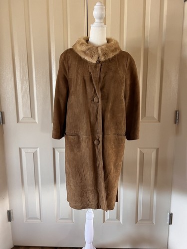 Vintage 50s 60s Womens S Long Suede Leather Jacket Mink Fur Collar
