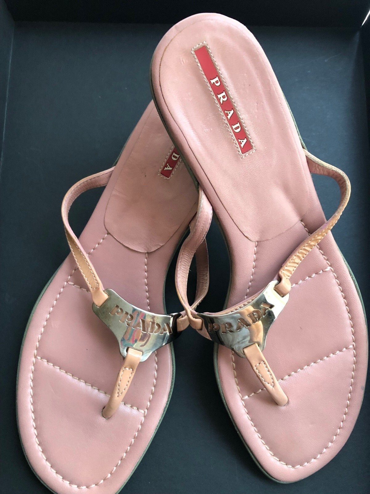 Prada Logo Buckle Leather Kitten Heel Sandals - Size 37 Italy | eBay