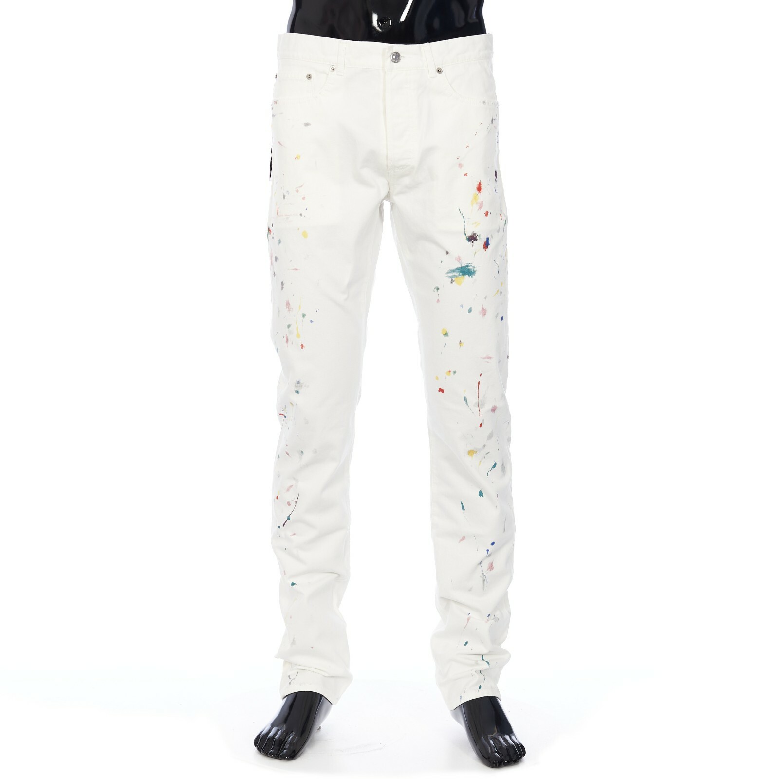 DIOR 1200$ Slimfit White Cotton Denim Jeans - Multicolor Paint