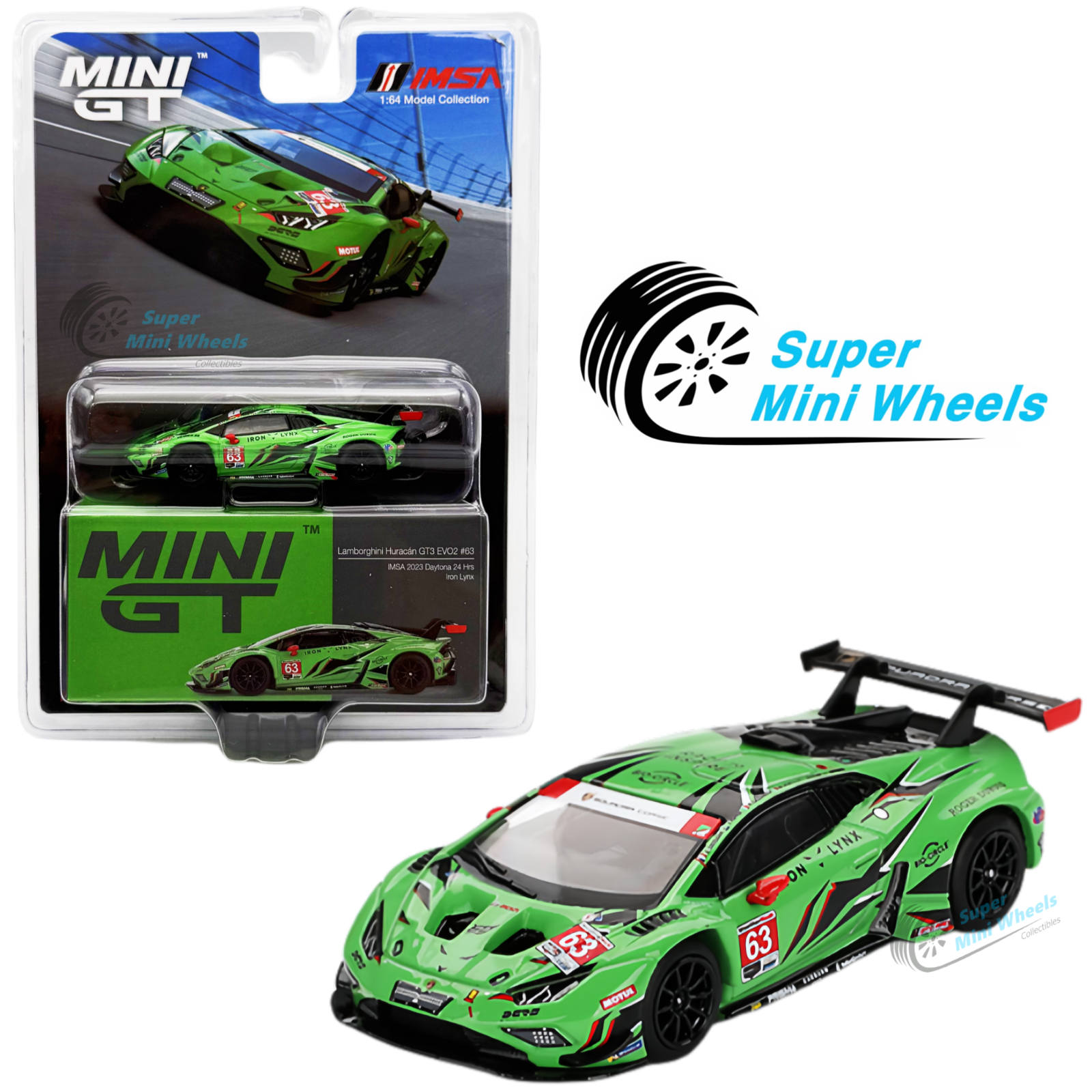 Mini GT 1:64 Lamborghini Huracán GT3 EVO2 #63 Iron Lynx IMSA 2023