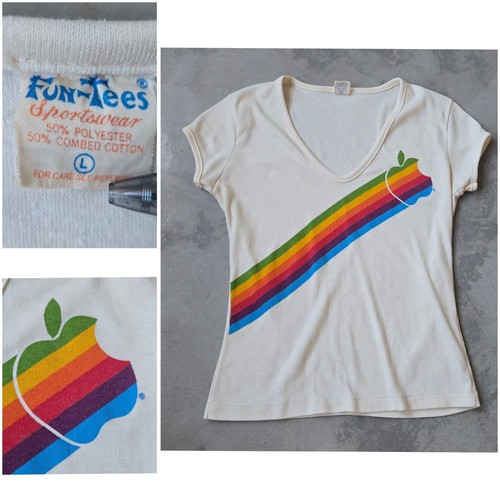 Vintage 70s 80s APPLE T-shirt Tee Single Stitch White Funtees Mac
