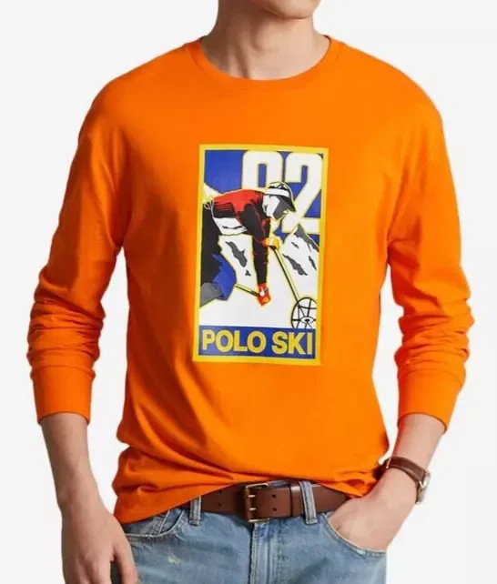 Men's SZ S Ralph Lauren Polo Ski Sports Classic Fit Orange LS T