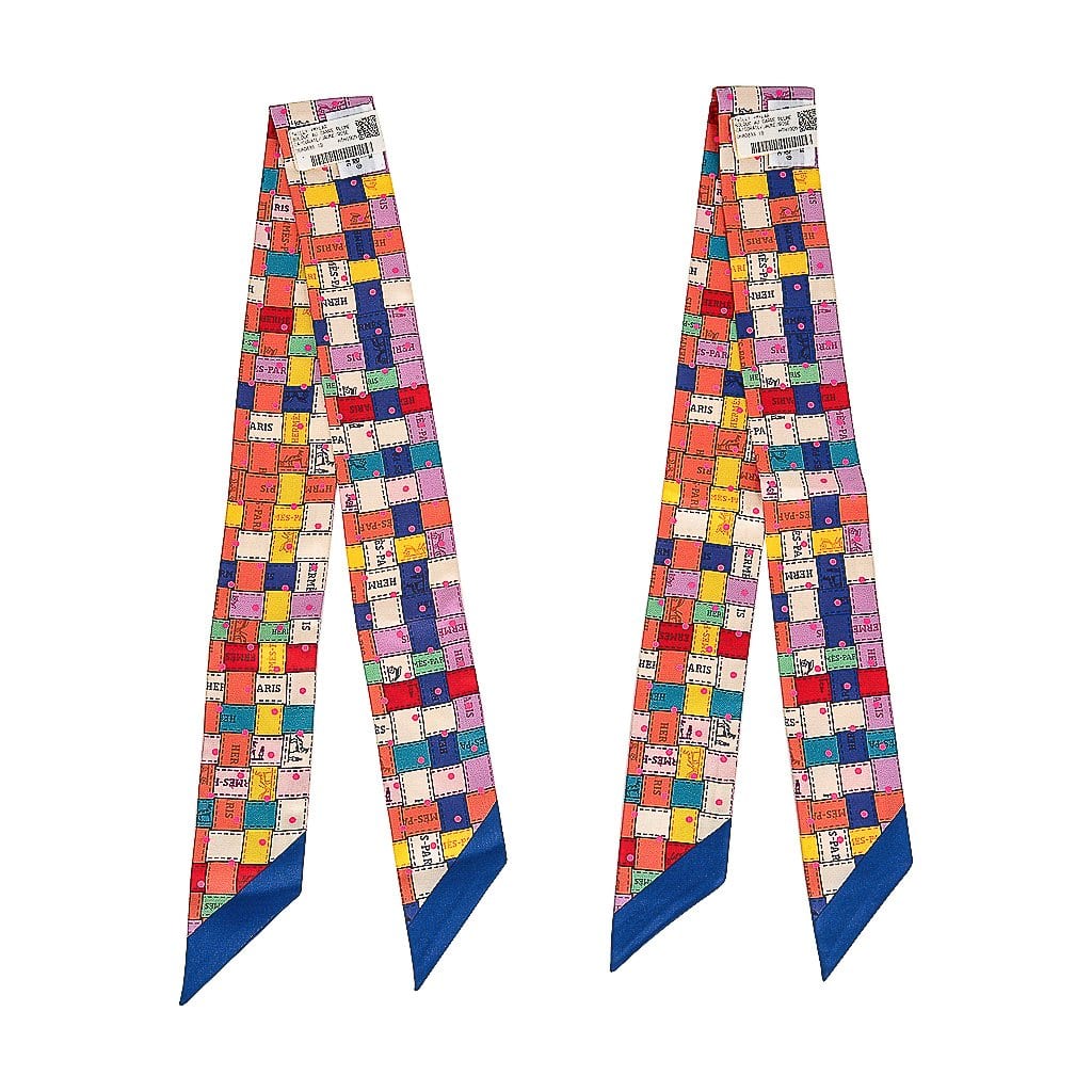 Hermès Bolduc au Carré Plumetis Twilly – Corail, Jaune, Rose Fluo