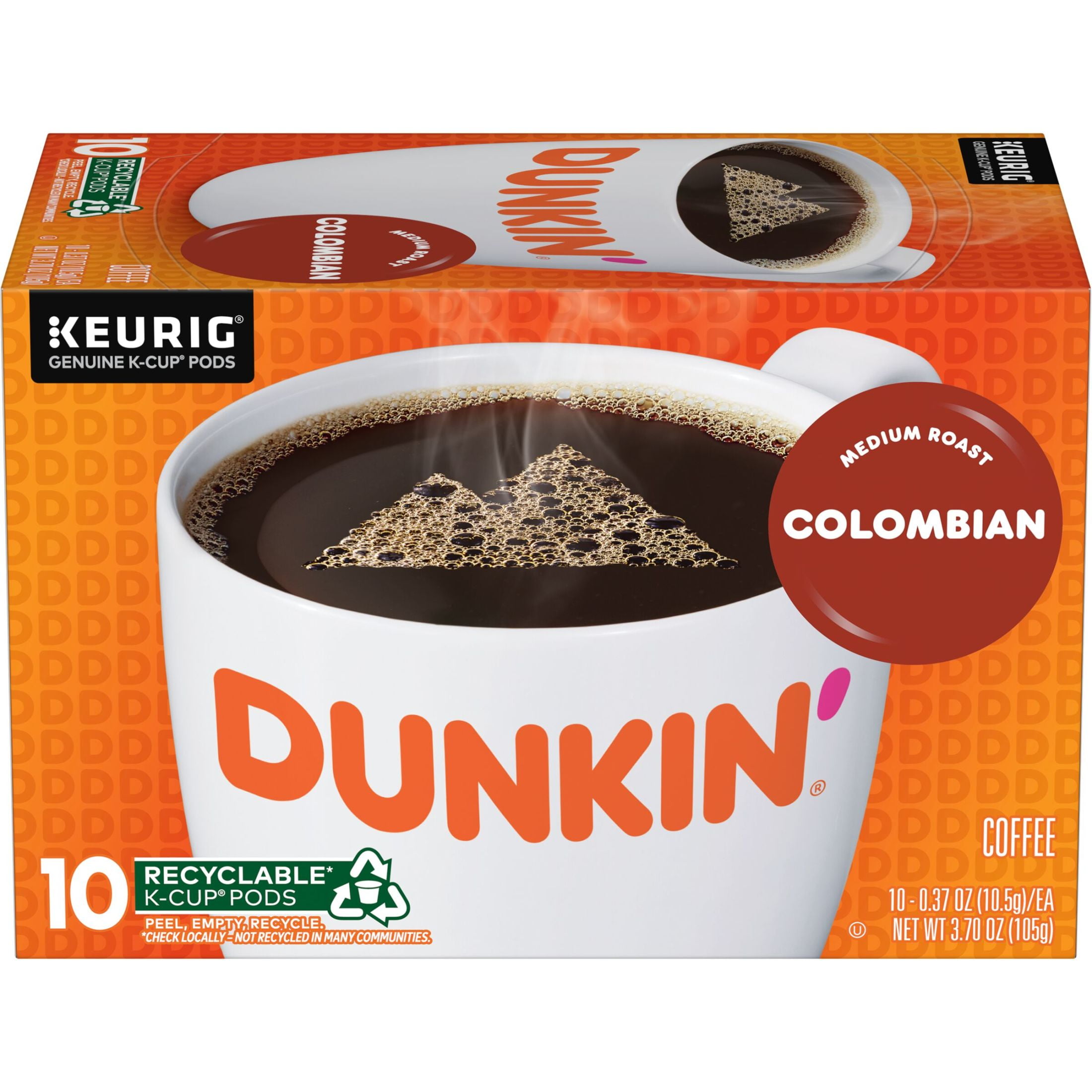 Dunkin 100% Colombian Medium Roast Coffee, Keurig K-Cup Pods, 10