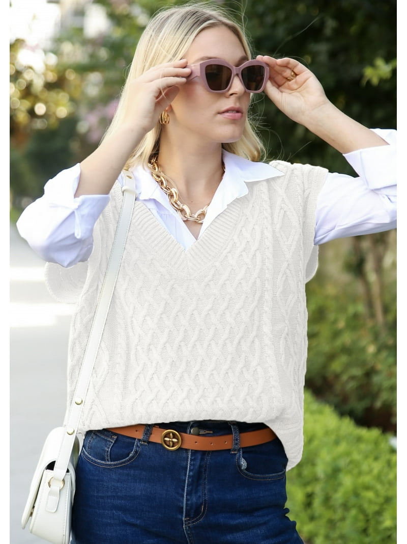 Oversized Cable Knit Sweater Vest Ribbed V Neck-Off-White