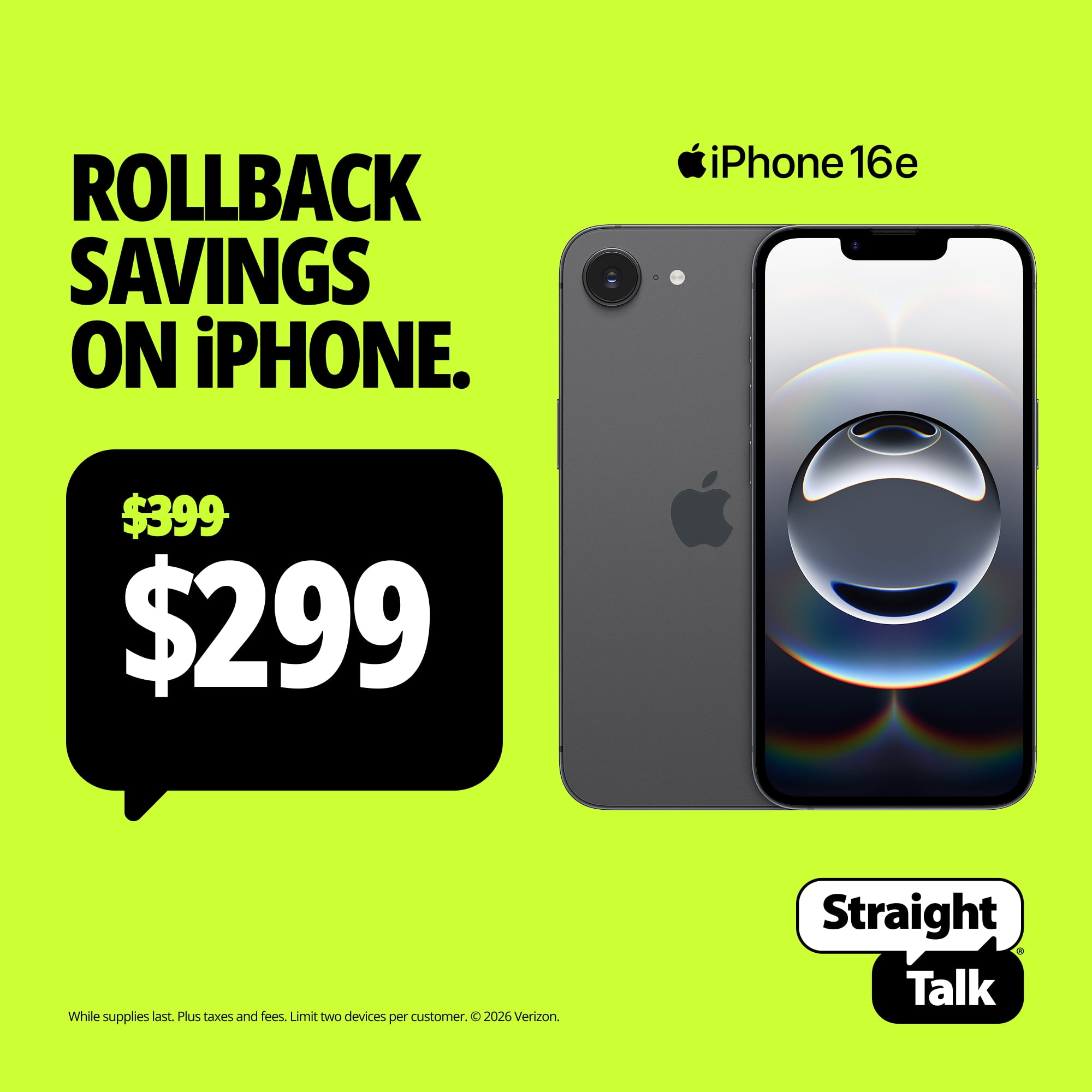 Straight Talk Apple iPhone 16e, 5G, 128GB, Black - Prepaid