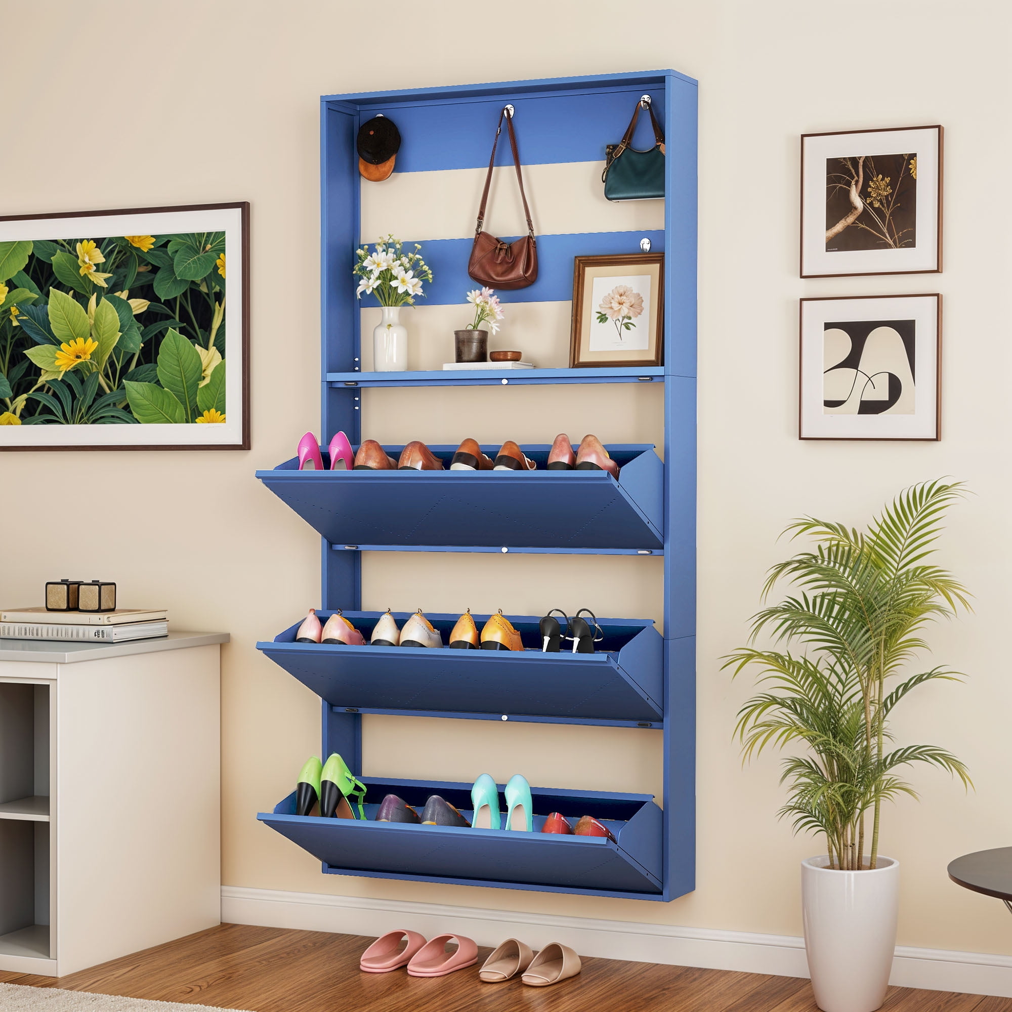 Uforic Metal Shoe Cabinet with 3 Flip Drawers, Wall Mount Shoe