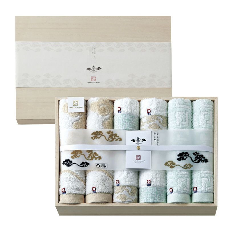 今治謹製 雲母唐長（KIRA KARACHO)タオル 木箱入り コンパクトバス