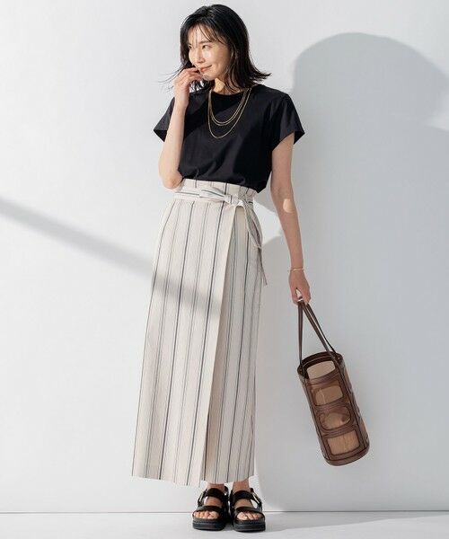 セール】 【洗える】コットンリネンストライプ Iライン スカート