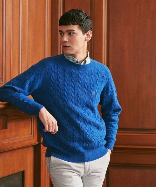 セール】 ケーブル柄カシミヤ混クルーネックセーター （ニット