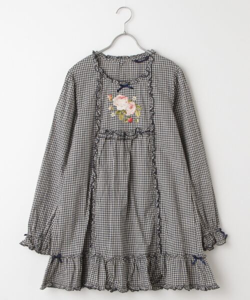 セール】 Berry Rose刺繍入りアンティークギンガムチュニックブラウス
