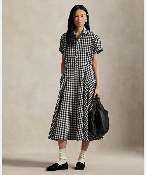 セール】 コットン シアサッカー パネルド シャツドレス （ロング