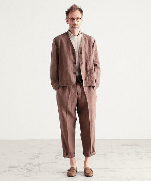 セール】 ハイカウントリネン ノーカラージャケット NAVY OFF （ノー