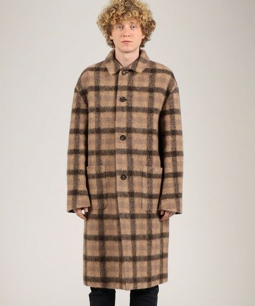 セール】 HEVO チェック柄 ウールポリエステル ステンカラーコート