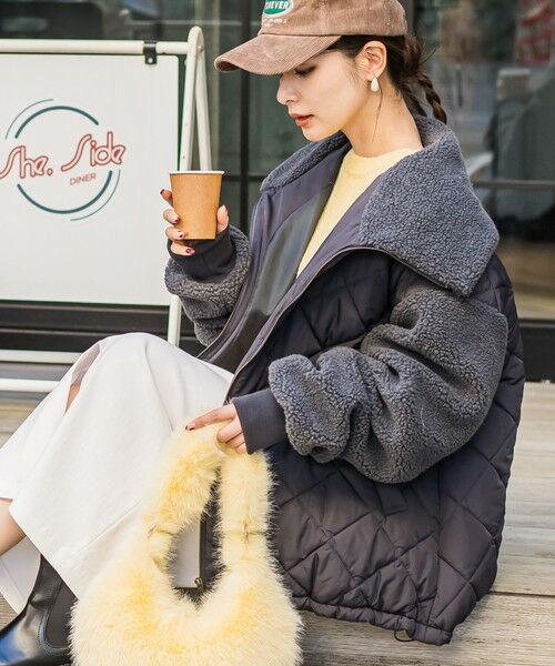 セール】 【ふわふわボアがドッキング】タフタキルト中綿ブルゾン