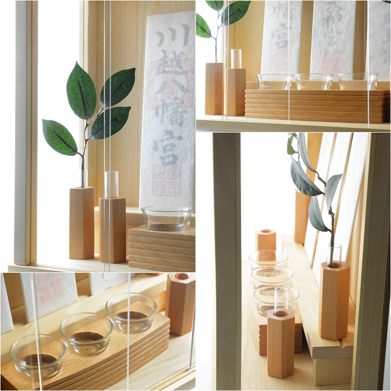 モダン神棚【三社箱宮 一祈（いつき）桧無垢材・ナチュラル+神具SORA