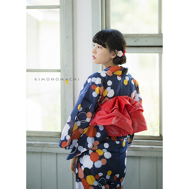 浴衣福袋「夏色美人No.13：ネイビー 水玉」変わり織り綿浴衣